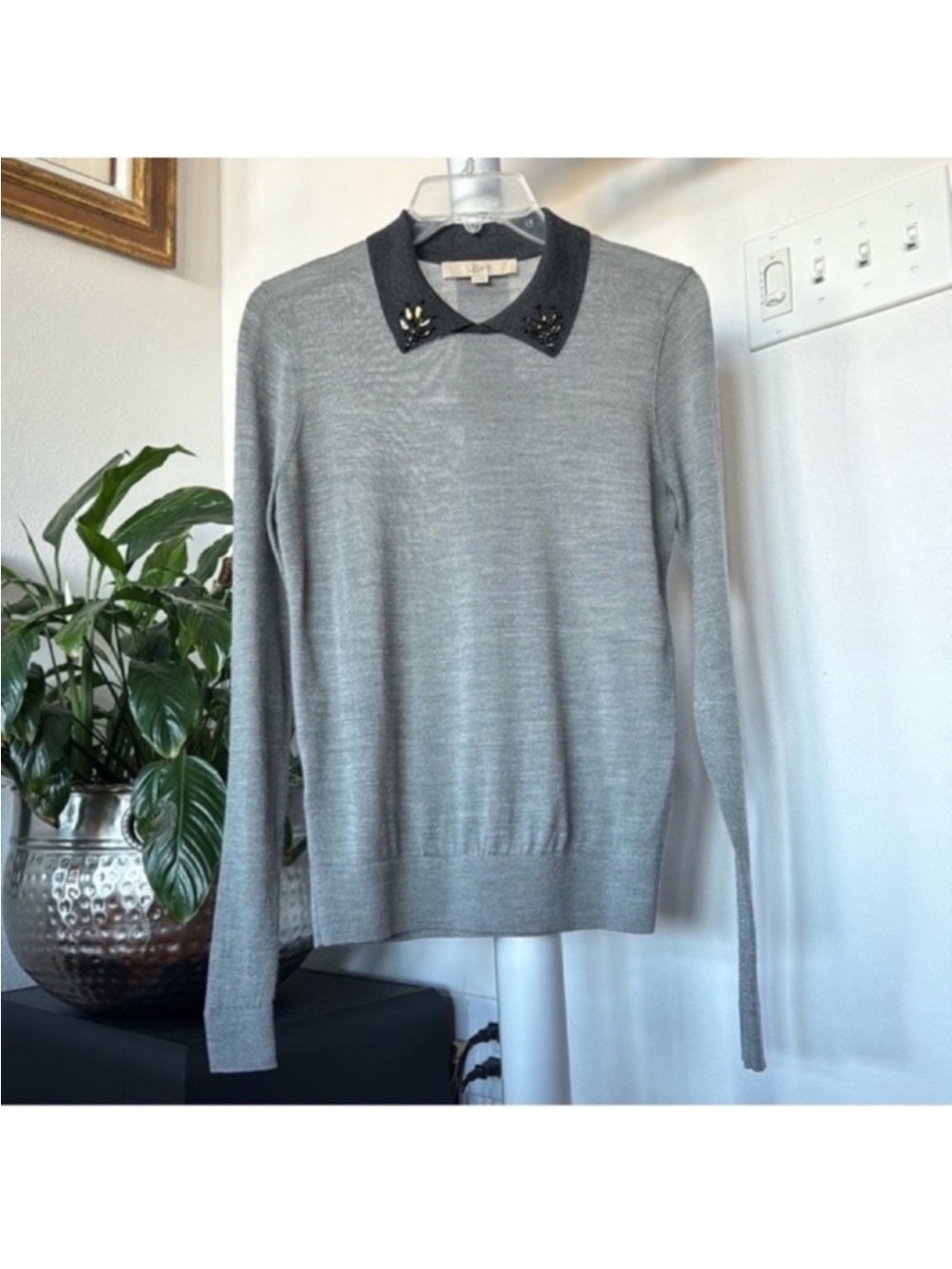 LOFT Ann Taylor Wool Blend Jewel Embellished Collar Top Sweater Sz XS Gray Light